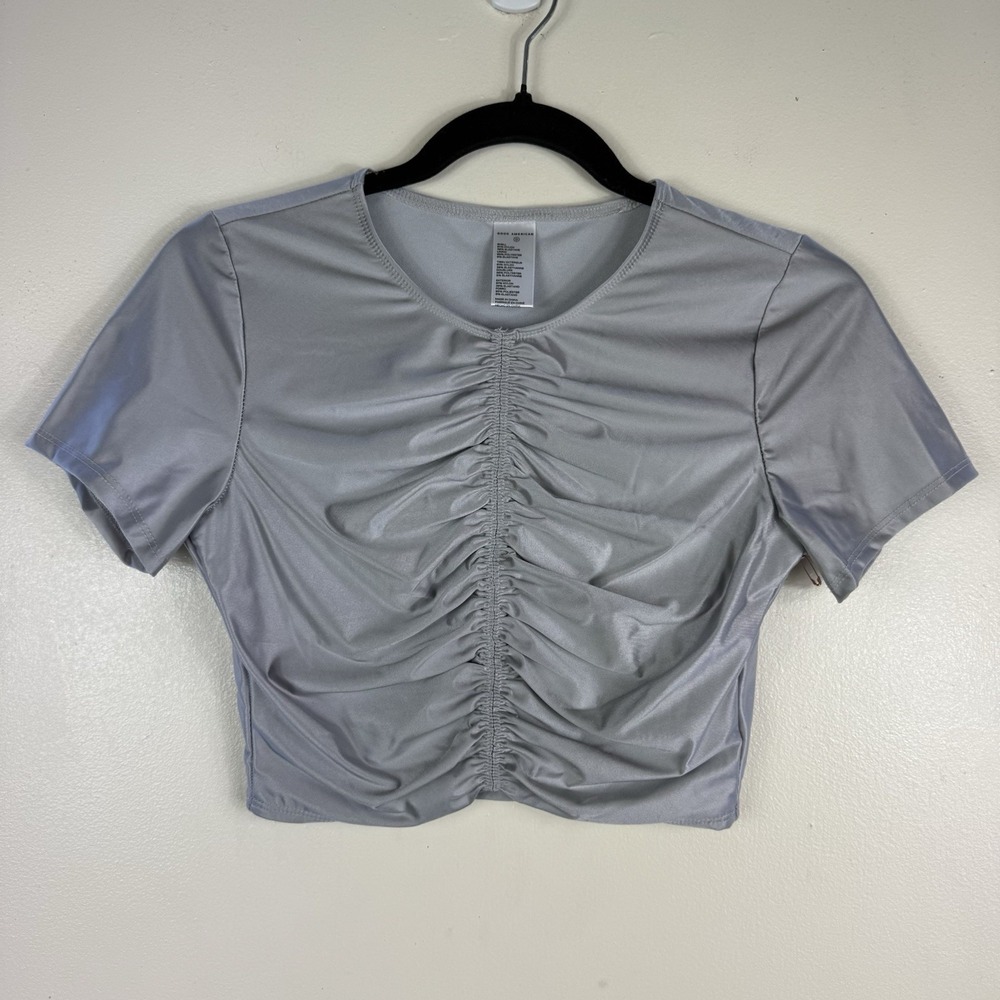 Good‎ American Ruched Crop Tee Silver Double Layer Stretch T-Shirt Top Size 0 XS